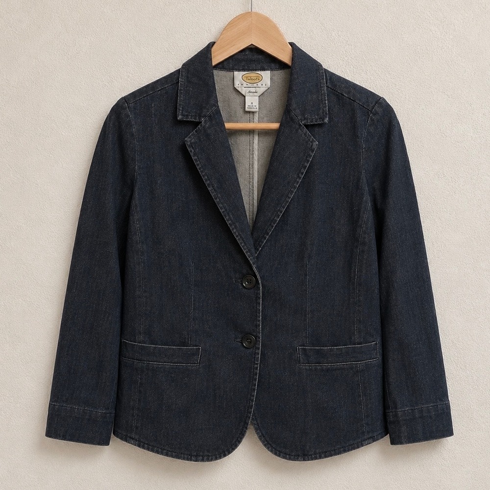 Talbots Petite 4 Dark Wash Denim Blazer Stretch Jean Jacket Button Front Classic